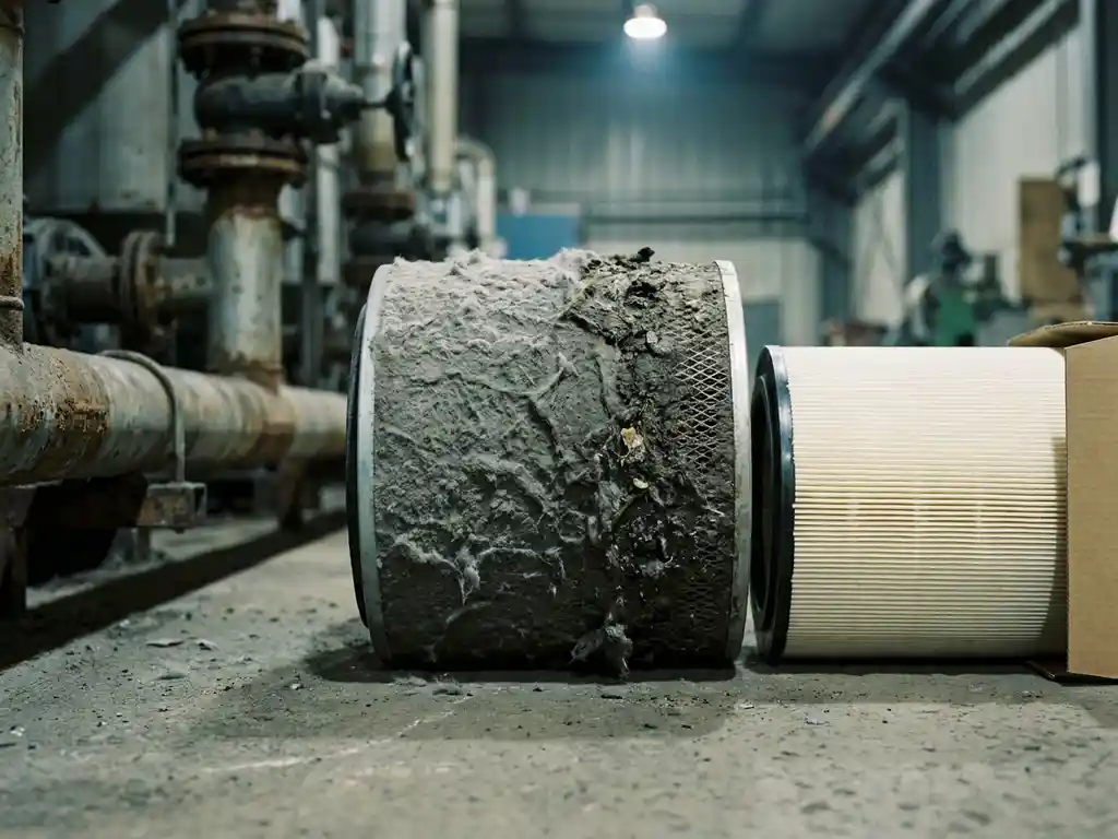 Stark verstopfter Industrieluftfilter mit grauem Staub neben sauberem Ersatzfilter auf Betonboden einer Fabrik.