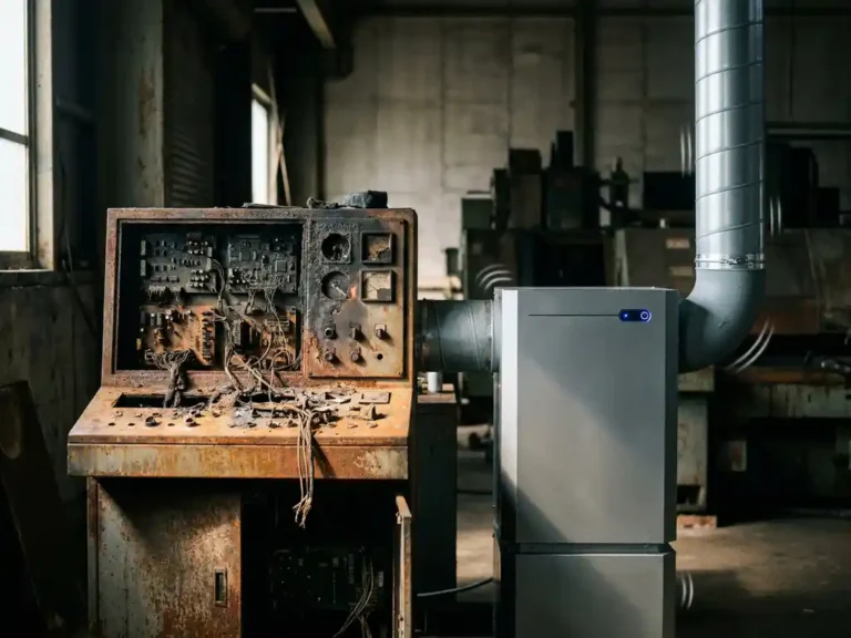Verrostetes Industriesteuerungspanel mit verbrannten Leiterplatten neben einer intakten Luftfilteranlage in einer Fabrik.