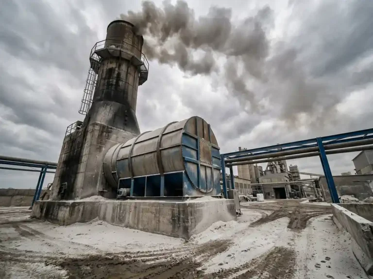 Industrieller Zementkamin stößt dichte Staubwolken aus, mit zylindrischer Filteranlage an der Basis und weißem Zementstaub auf Betonoberflächen.