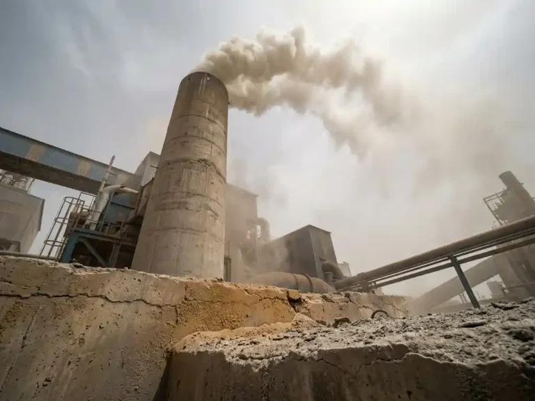 Zementwerk-Abgasschornstein stößt dichte graue Rauchschwaden in den dunstigen Industriehimmel, Klinkerstaub auf verwittertem Beton.