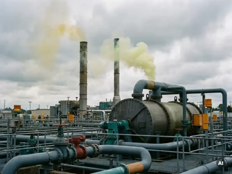 Zwei Industriekamine einer Kläranlage emittieren schwefelige Abgase, die in einen zylindrischen Filterscrubbber geleitet werden.