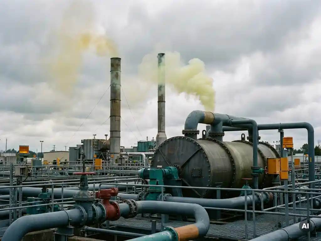 Zwei Industriekamine einer Kläranlage emittieren schwefelige Abgase, die in einen zylindrischen Filterscrubbber geleitet werden.