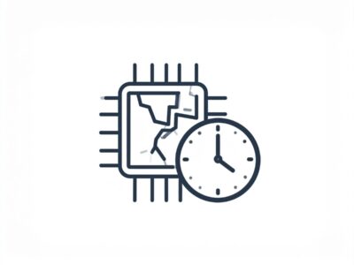 Piktogramm- Elektronik-Chip mit Rissen und kleines Uhrensymbol daneben